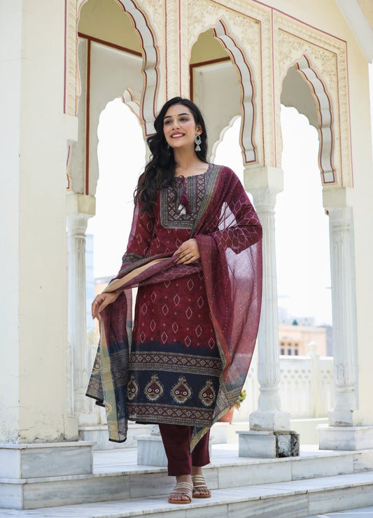 Royal Maroon Printed Chanderi Kurta Pant Set with Dupatta - swadeshsouq.com