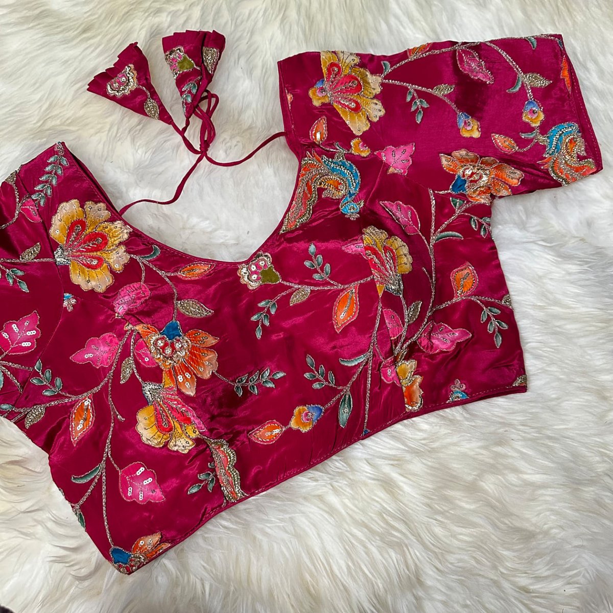 Royal Pink Viscose Crepe Blouse with Handcrafted Embroidery & Mid - Length Sleeves (Free Size 32–40) - swadeshsouq.com