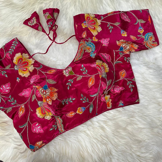 Royal Pink Viscose Crepe Blouse with Handcrafted Embroidery & Mid - Length Sleeves (Free Size 32–40) - swadeshsouq.com