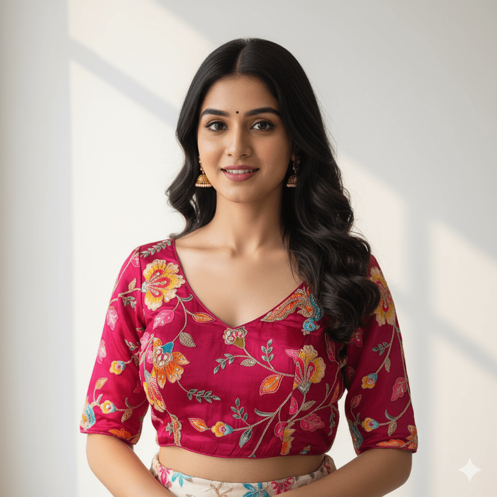 Royal Pink Viscose Crepe Blouse with Handcrafted Embroidery & Mid - Length Sleeves (Free Size 32–40) - swadeshsouq.com