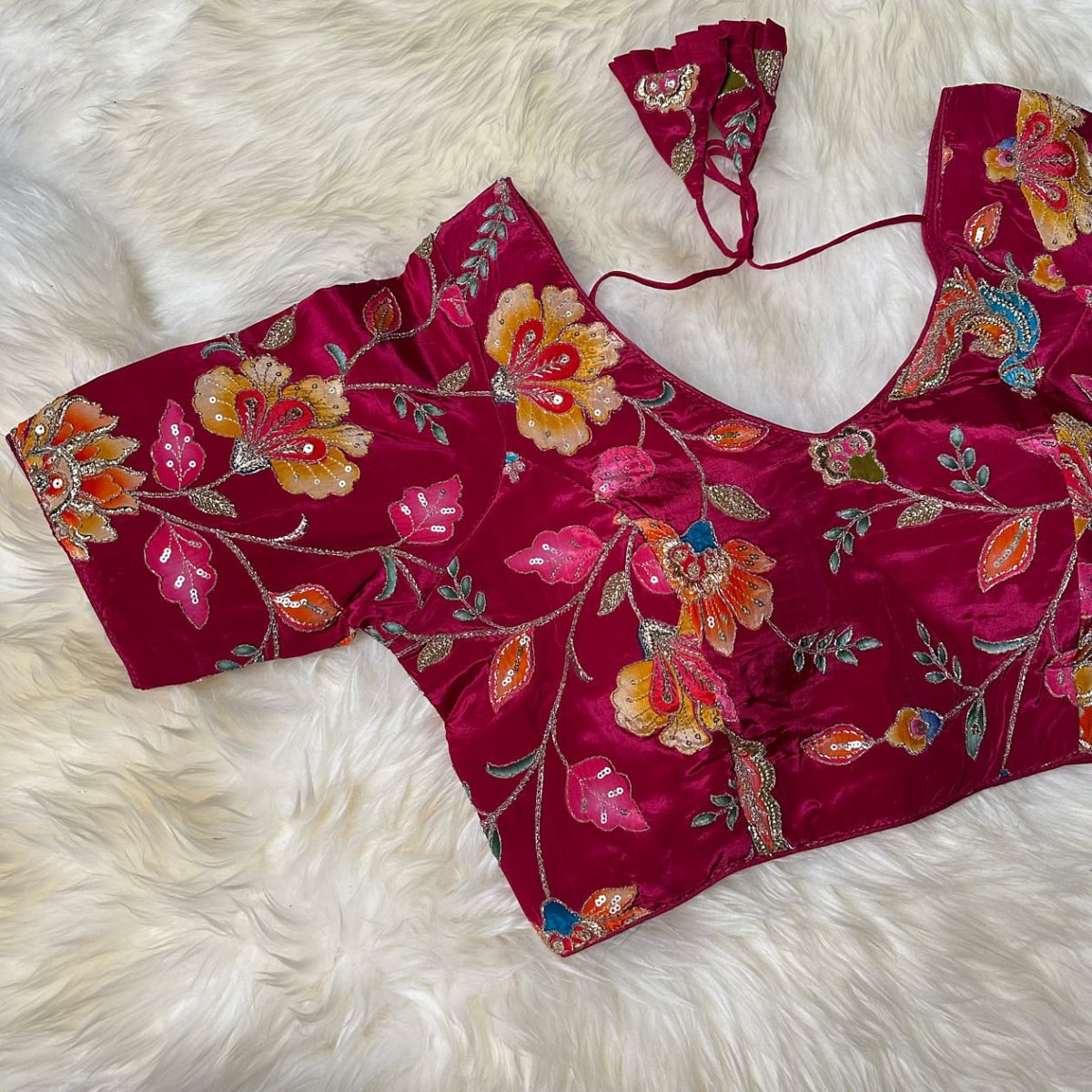 Royal Pink Viscose Crepe Blouse with Handcrafted Embroidery & Mid - Length Sleeves (Free Size 32–40) - swadeshsouq.com