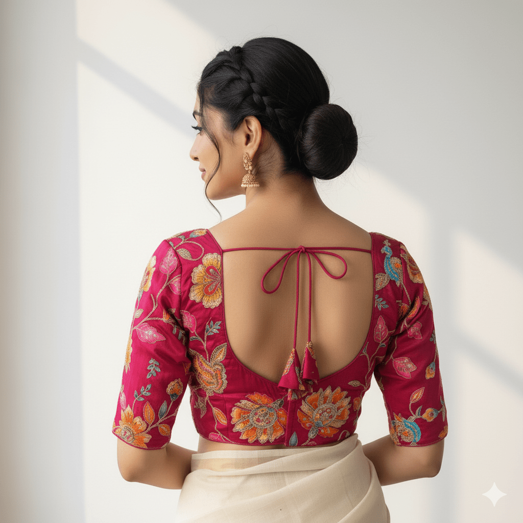 Royal Pink Viscose Crepe Blouse with Handcrafted Embroidery & Mid - Length Sleeves (Free Size 32–40) - swadeshsouq.com