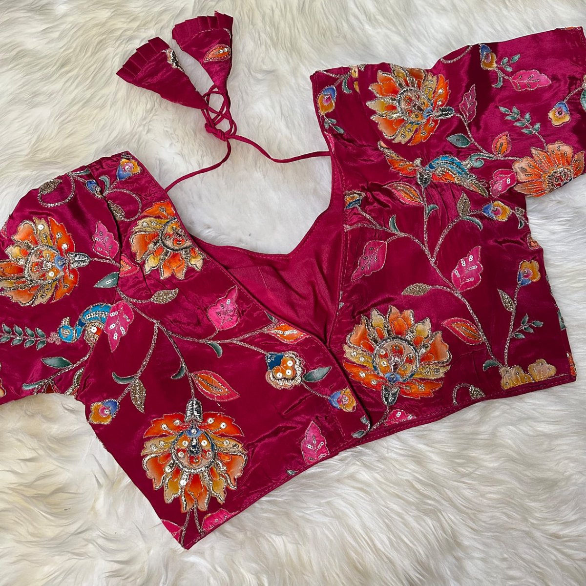 Royal Pink Viscose Crepe Blouse with Handcrafted Embroidery & Mid - Length Sleeves (Free Size 32–40) - swadeshsouq.com