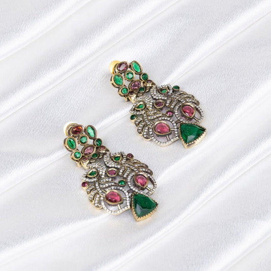 Ruby & Emerald Plume Cubic Zirconia Earrings – Exquisite Fashion Statement - swadeshsouq.com