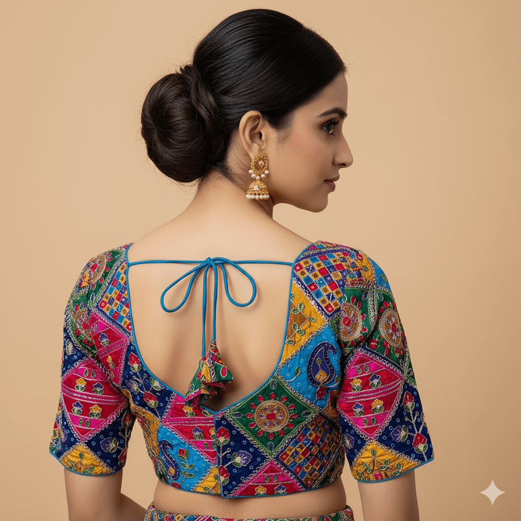 Sea Blue Pure Crepe Blouse with Multi - Coloured Position Print & Elegant Appliqué Work (Size 32–40) - swadeshsouq.com