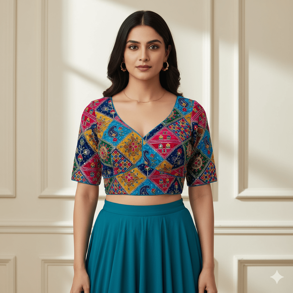 Sea Blue Pure Crepe Blouse with Multi - Coloured Position Print & Elegant Appliqué Work (Size 32–40) - swadeshsouq.com