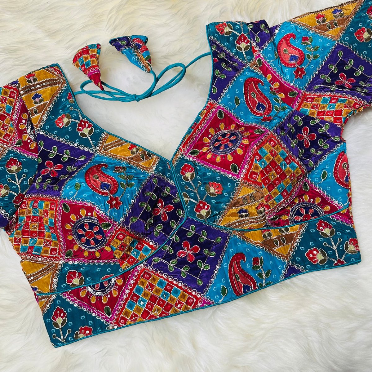 Sea Blue Pure Crepe Blouse with Multi - Coloured Position Print & Elegant Appliqué Work (Size 32–40) - swadeshsouq.com