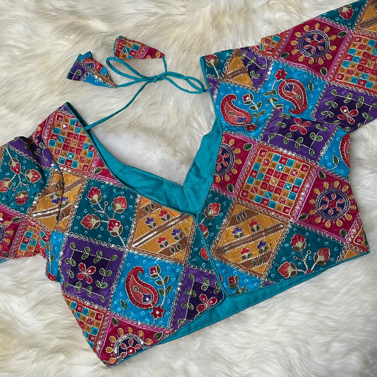 Sea Blue Pure Crepe Blouse with Multi - Coloured Position Print & Elegant Appliqué Work (Size 32–40) - swadeshsouq.com