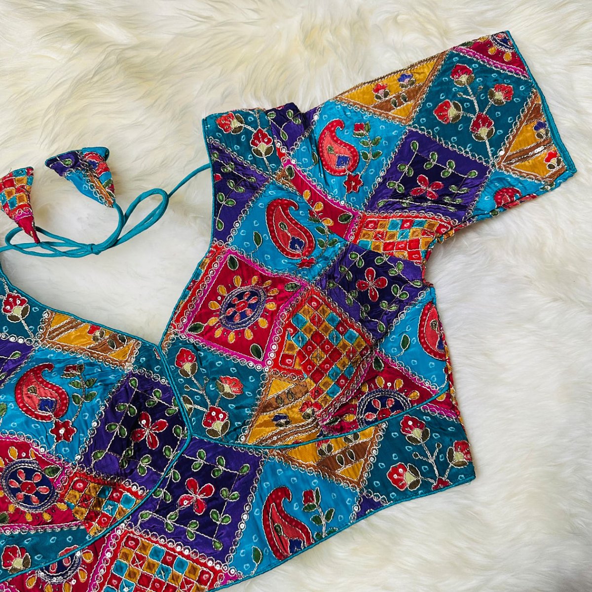 Sea Blue Pure Crepe Blouse with Multi - Coloured Position Print & Elegant Appliqué Work (Size 32–40) - swadeshsouq.com