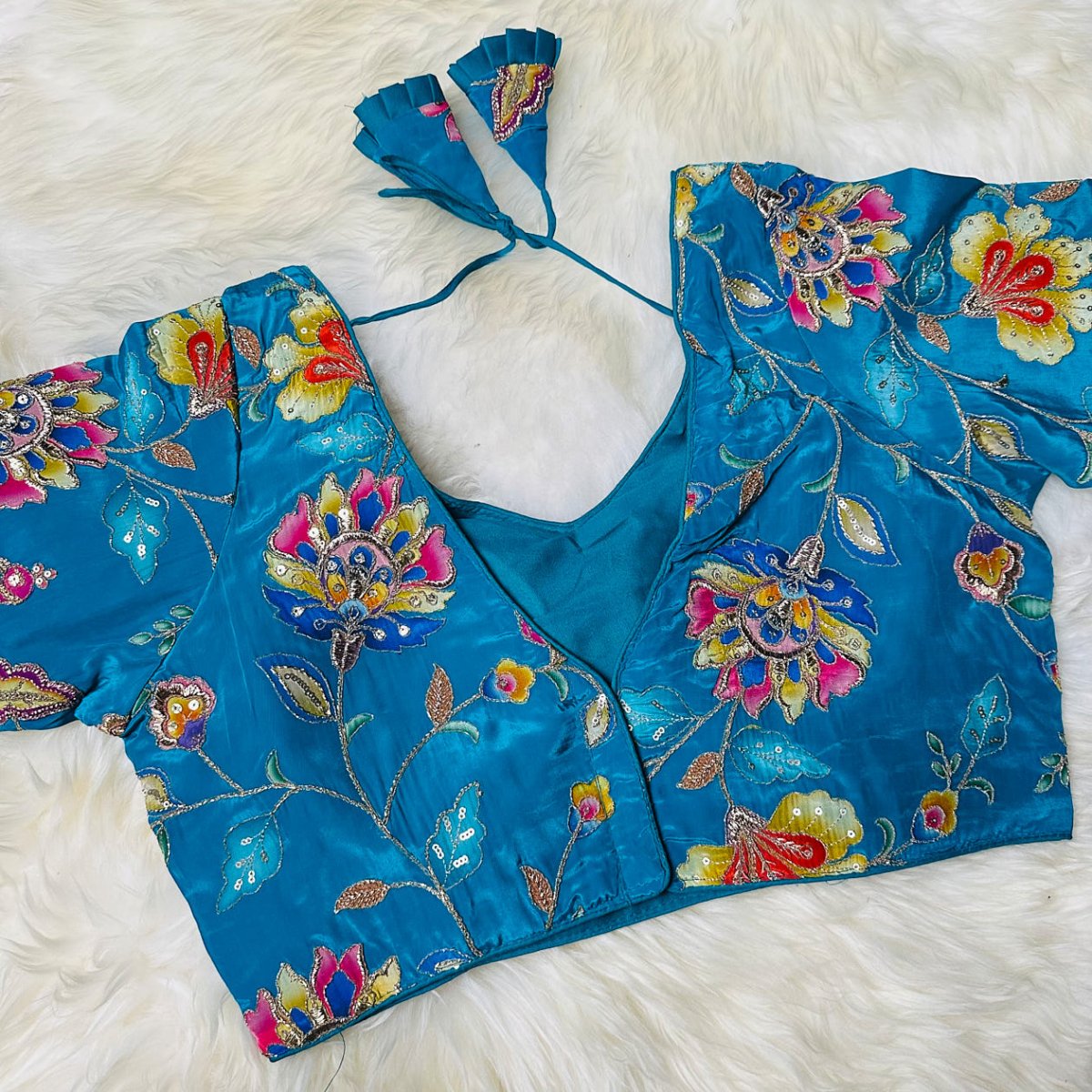 Sea Blue Viscose Crepe Blouse with Handcrafted Embroidery & Mid - Length Sleeves (Free Size 32–40) - swadeshsouq.com