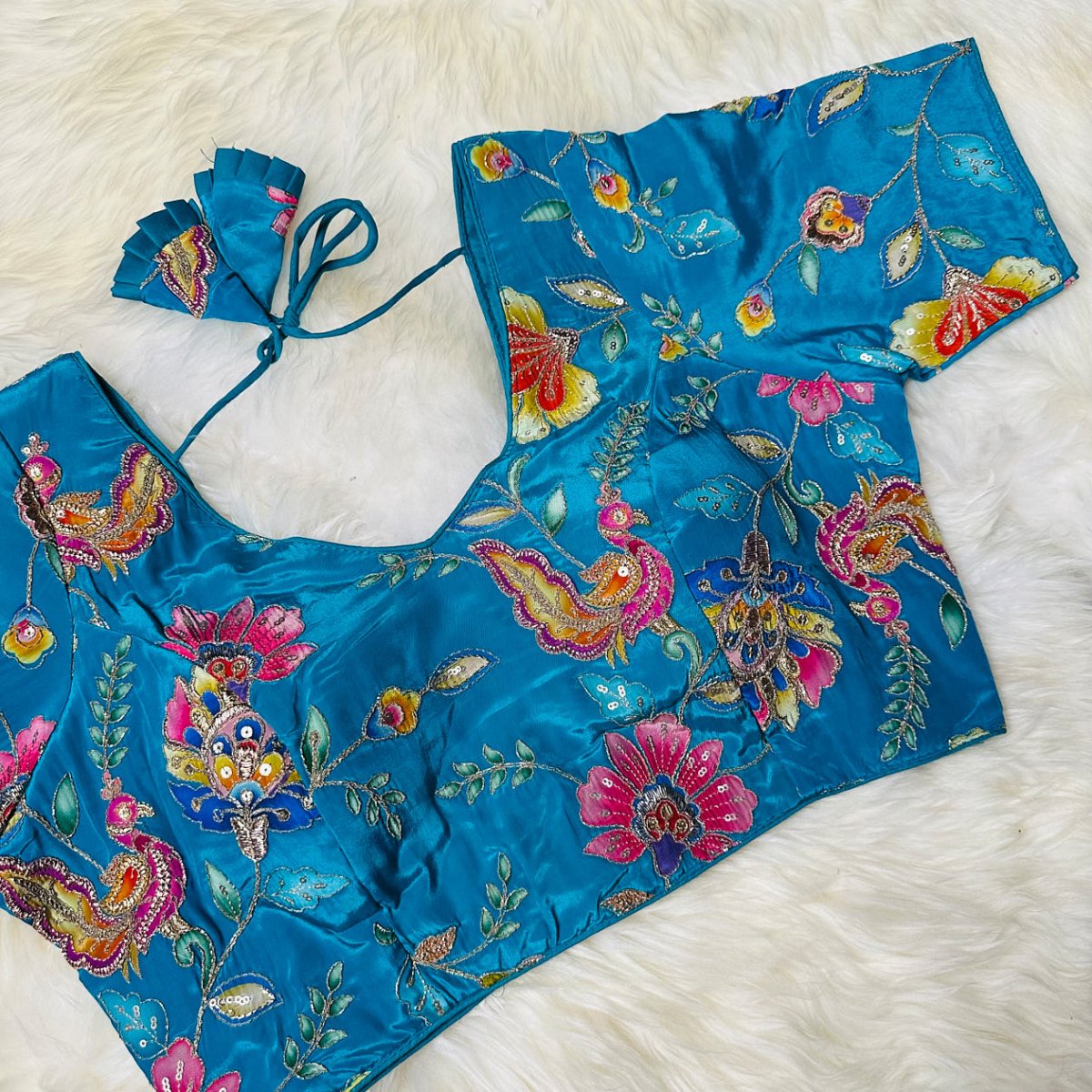 Sea Blue Viscose Crepe Blouse with Handcrafted Embroidery & Mid - Length Sleeves (Free Size 32–40) - swadeshsouq.com