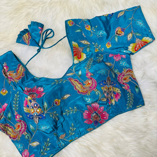 Sea Blue Viscose Crepe Blouse with Handcrafted Embroidery & Mid - Length Sleeves (Free Size 32–40) - swadeshsouq.com