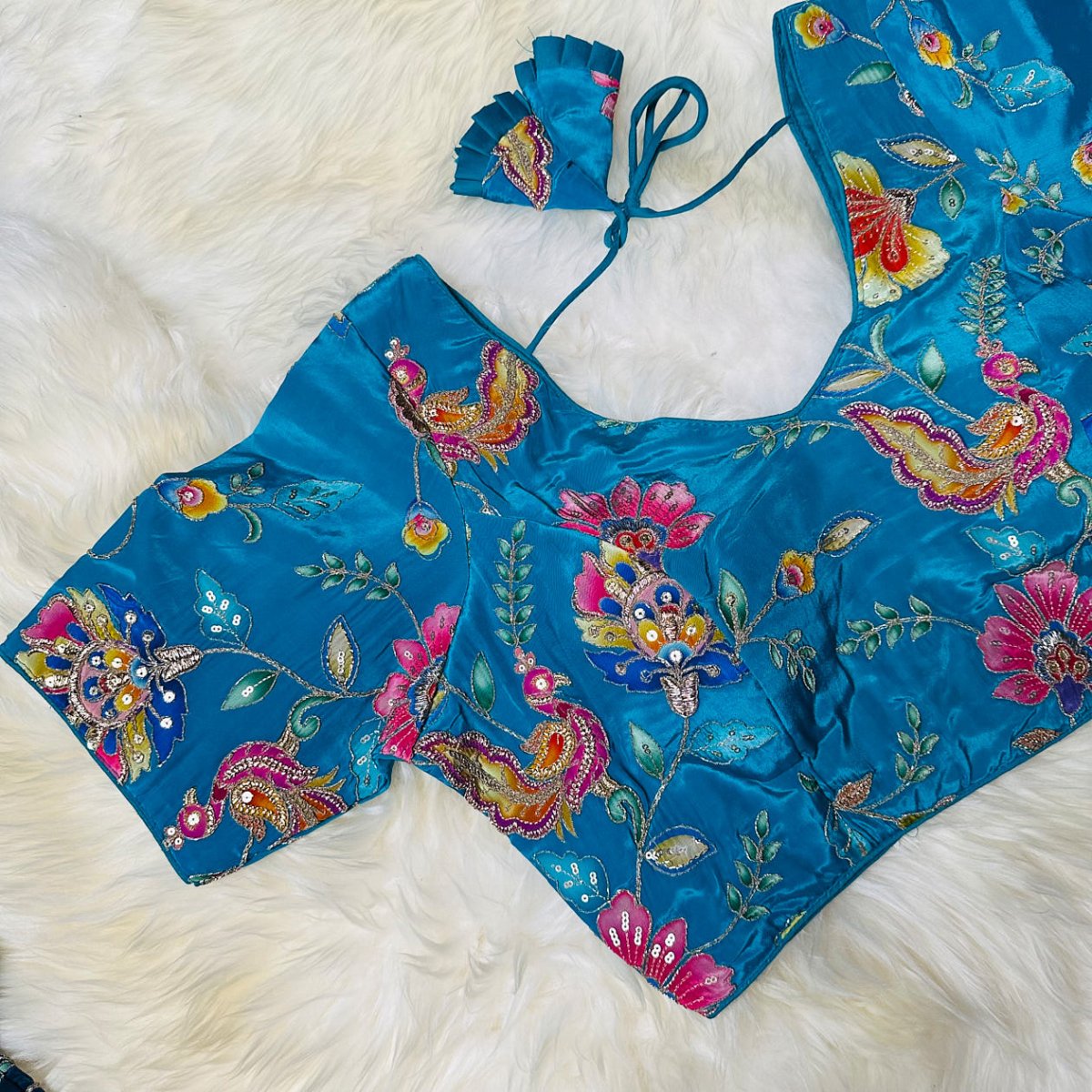 Sea Blue Viscose Crepe Blouse with Handcrafted Embroidery & Mid - Length Sleeves (Free Size 32–40) - swadeshsouq.com