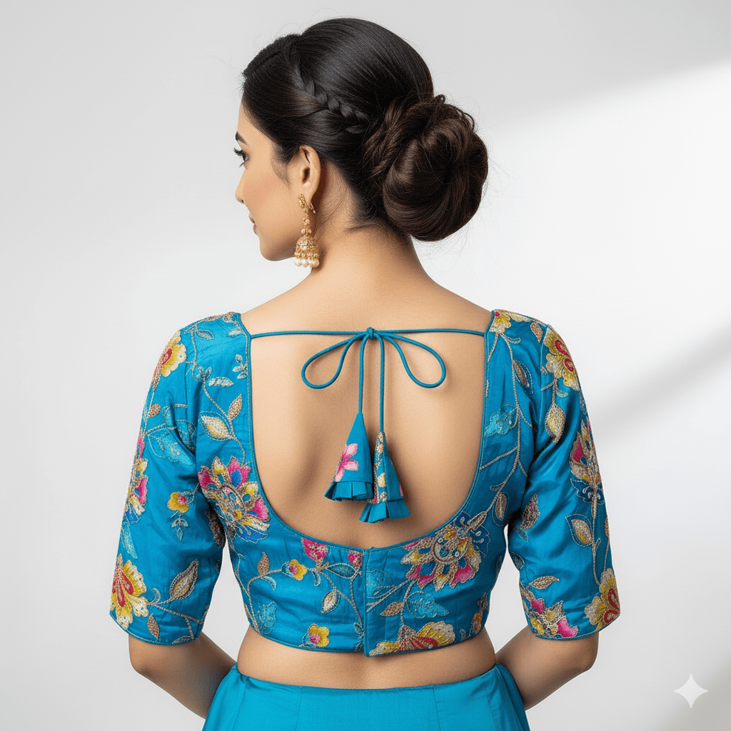 Sea Blue Viscose Crepe Blouse with Handcrafted Embroidery & Mid - Length Sleeves (Free Size 32–40) - swadeshsouq.com