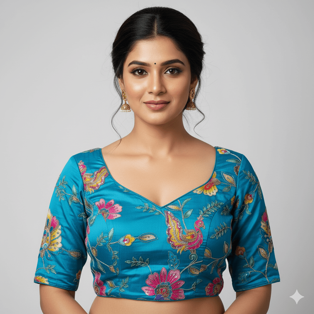 Sea Blue Viscose Crepe Blouse with Handcrafted Embroidery & Mid - Length Sleeves (Free Size 32–40) - swadeshsouq.com