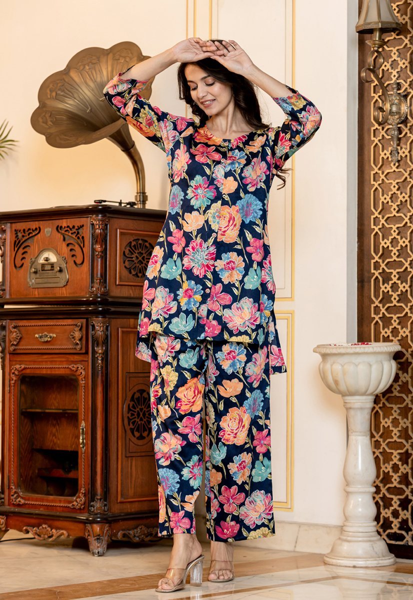 Serene Blue Floral Printed Butter Cotton Co - Ord Set - swadeshsouq.com