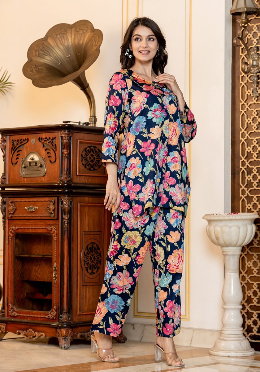 Serene Blue Floral Printed Butter Cotton Co - Ord Set - swadeshsouq.com