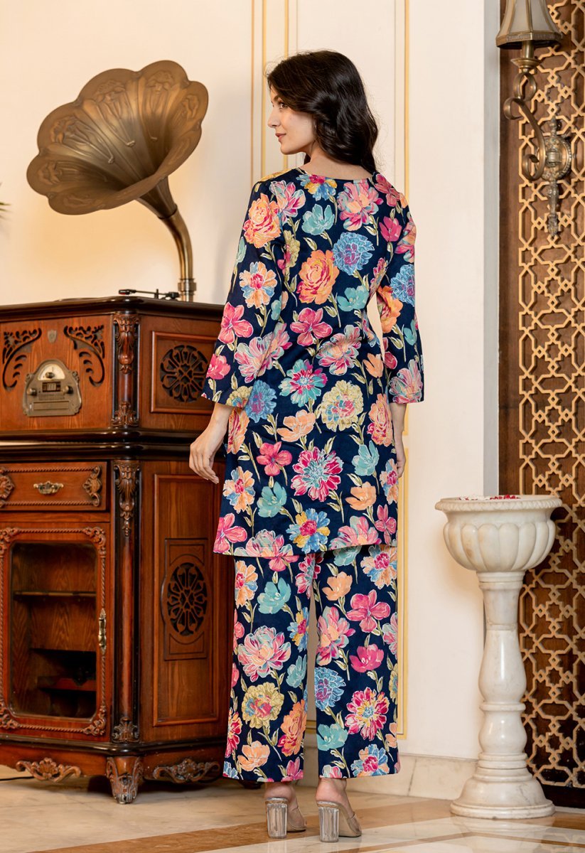 Serene Blue Floral Printed Butter Cotton Co - Ord Set - swadeshsouq.com