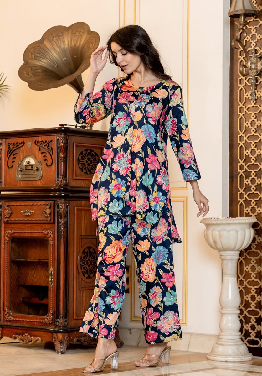 Serene Blue Floral Printed Butter Cotton Co - Ord Set - swadeshsouq.com