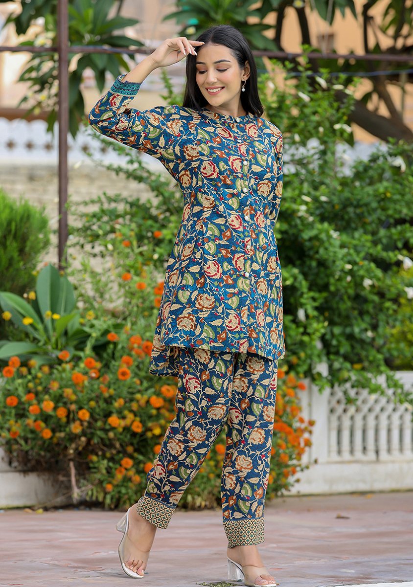 Serene Blue Kalamkari Printed Rayon Co - Ord Set | Chic & Comfortable Fashion - swadeshsouq.com