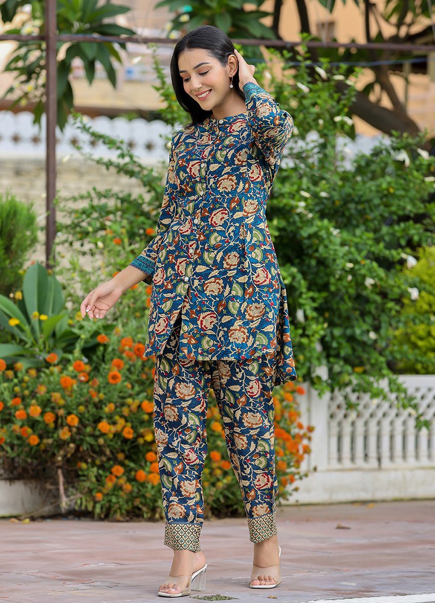 Serene Blue Kalamkari Printed Rayon Co - Ord Set | Chic & Comfortable Fashion - swadeshsouq.com