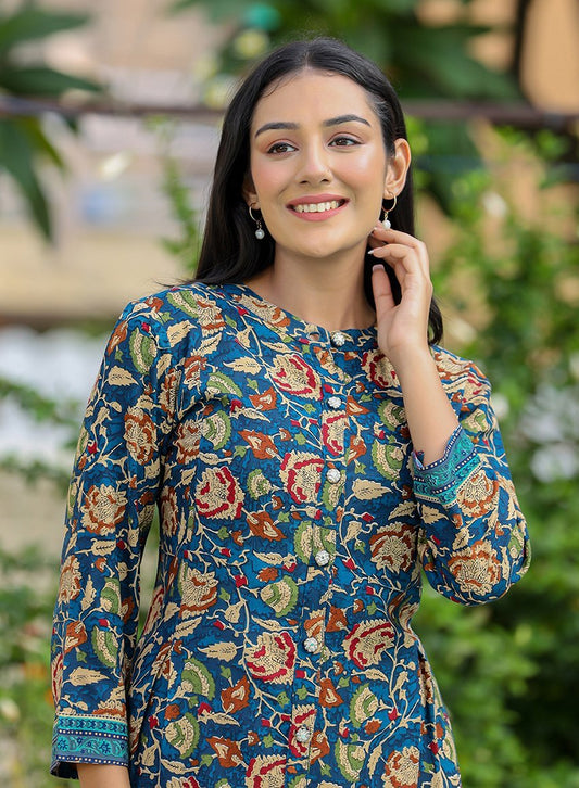 Serene Blue Kalamkari Printed Rayon Co - Ord Set | Chic & Comfortable Fashion - swadeshsouq.com