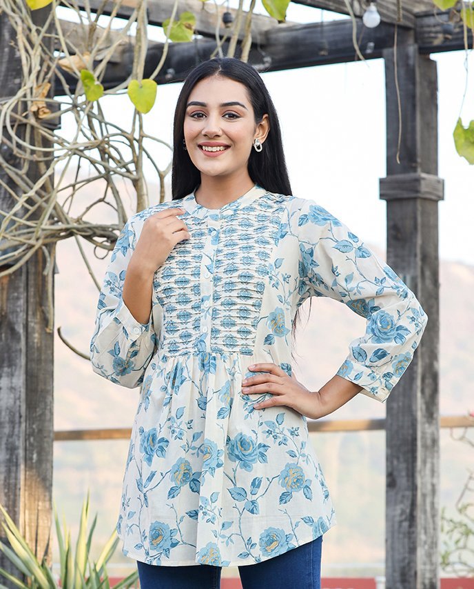 Serene Sky Blue Floral Printed Cotton Top - swadeshsouq.com