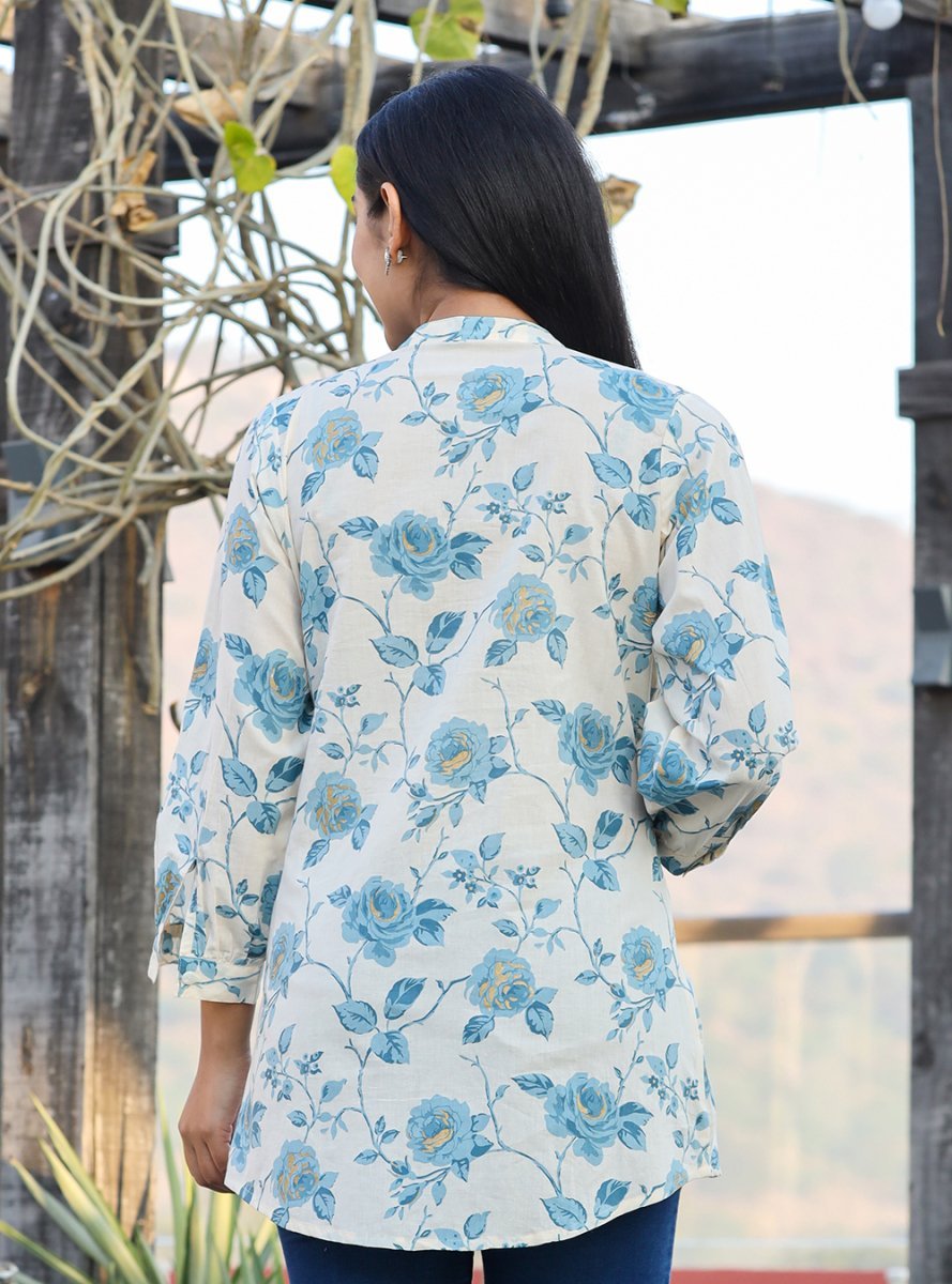 Serene Sky Blue Floral Printed Cotton Top - swadeshsouq.com