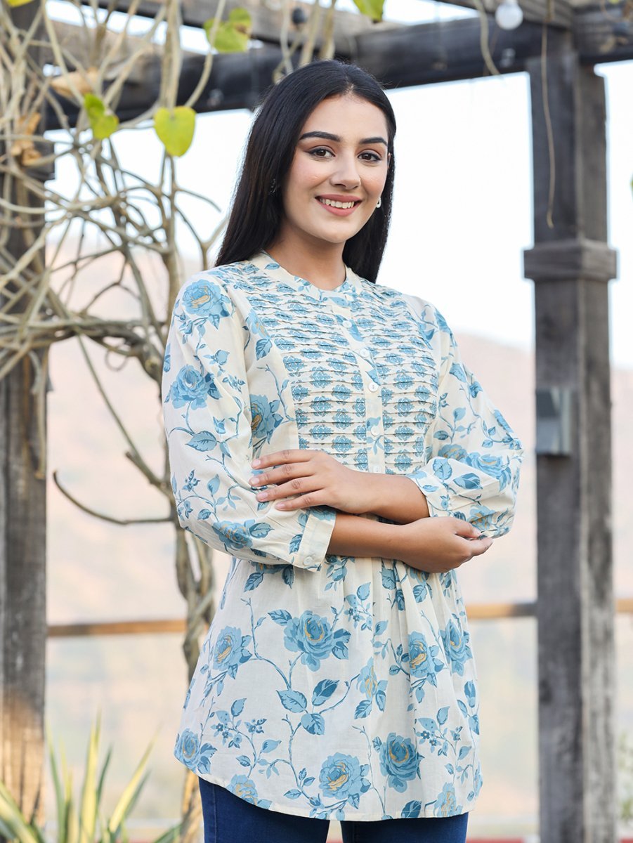 Serene Sky Blue Floral Printed Cotton Top - swadeshsouq.com