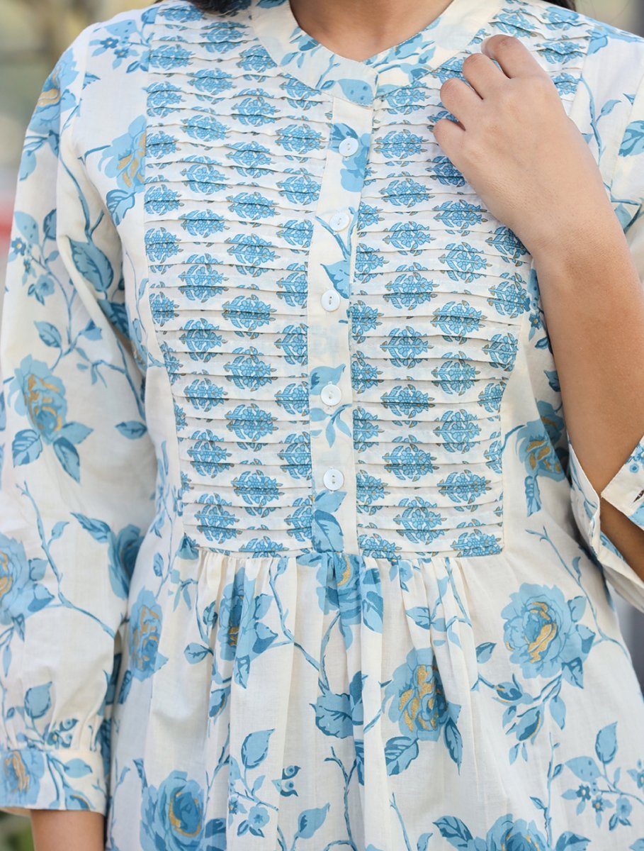 Serene Sky Blue Floral Printed Cotton Top - swadeshsouq.com