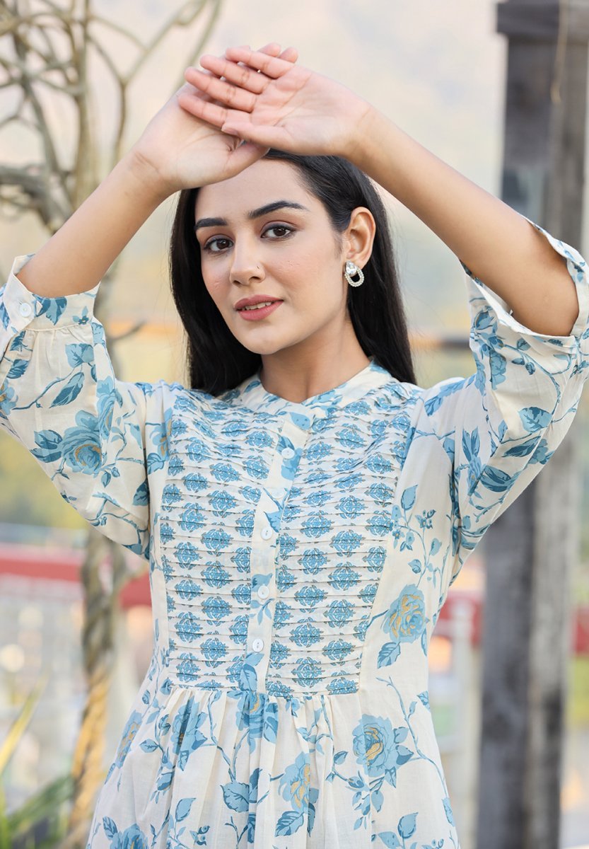 Serene Sky Blue Floral Printed Cotton Top - swadeshsouq.com