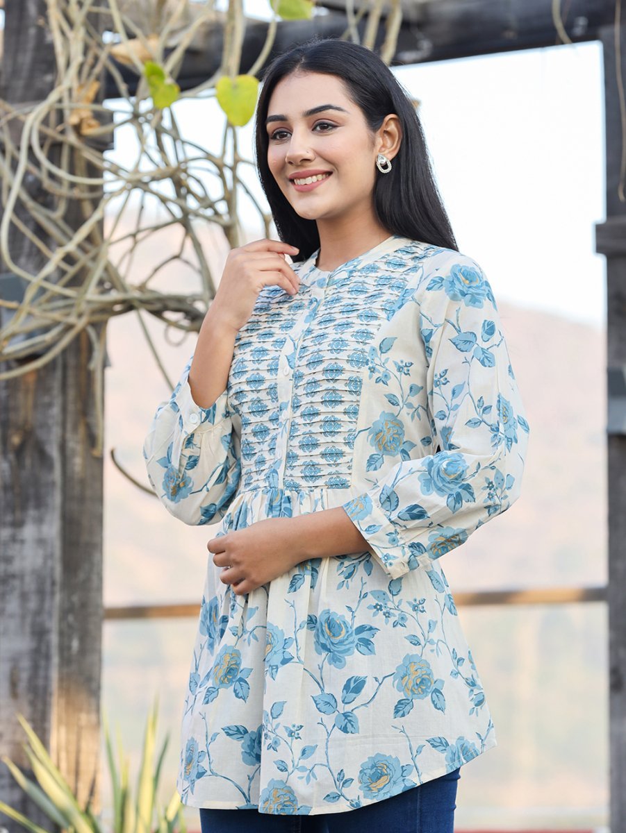 Serene Sky Blue Floral Printed Cotton Top - swadeshsouq.com