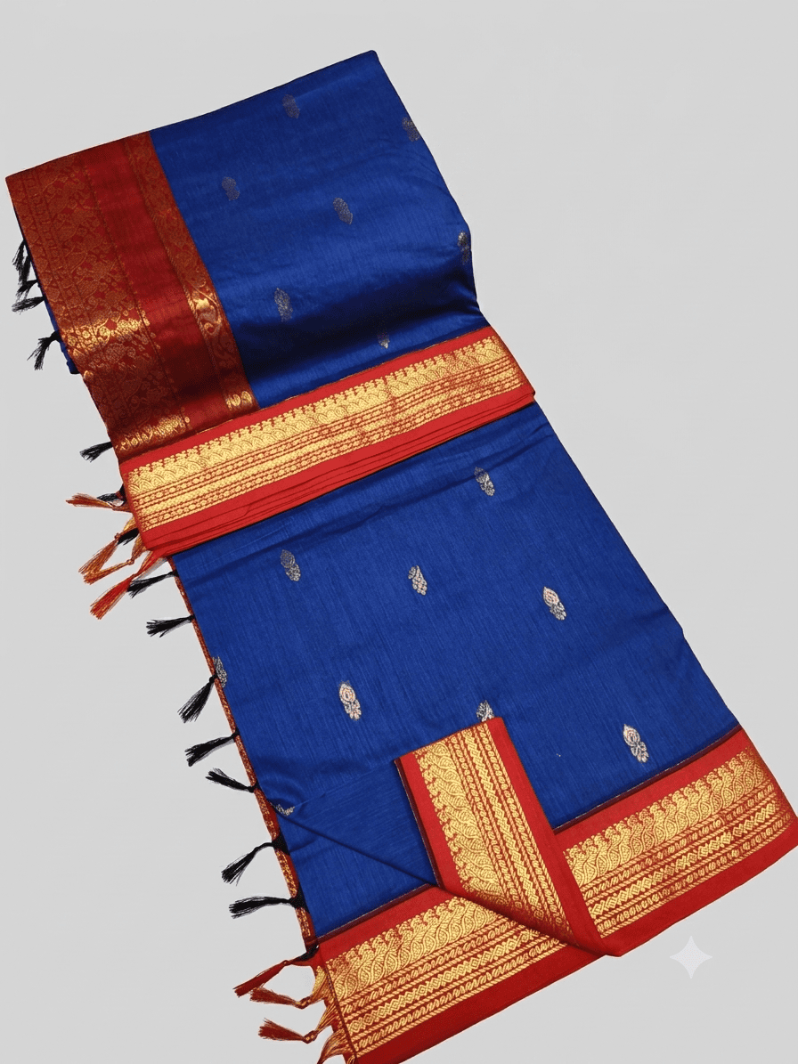 Elegant Blue & Red Kalyani Cotton Silk Saree with Rich Zari Woven Peacock Border