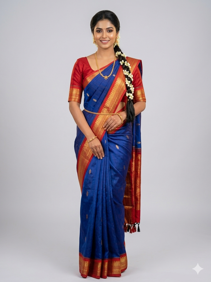 Elegant Blue & Red Kalyani Cotton Silk Saree with Rich Zari Woven Peacock Border