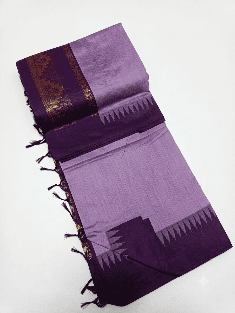 Elegant Lavender & Purple plainTemple Border Kalyani Cotton Saree with Contrast Zari Pallu