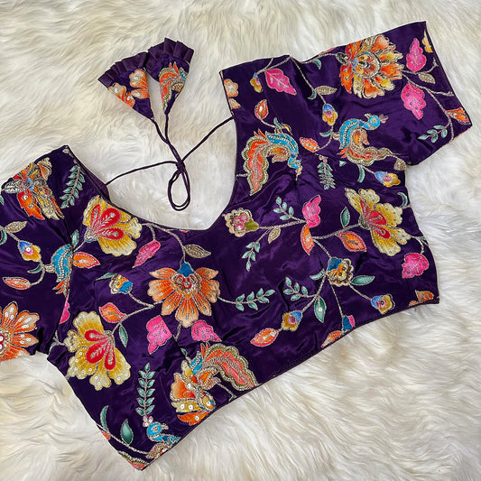 Deep Purple Viscose Crepe Blouse with Handcrafted Embroidery & Mid-Length Sleeves (Free Size 32–40)