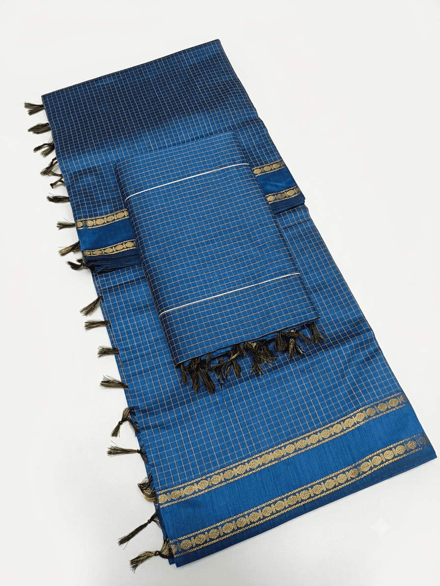 Elegant Teal Blue Kalyani Silk Cotton Saree with All-Over Checks & Repeated Zari Border