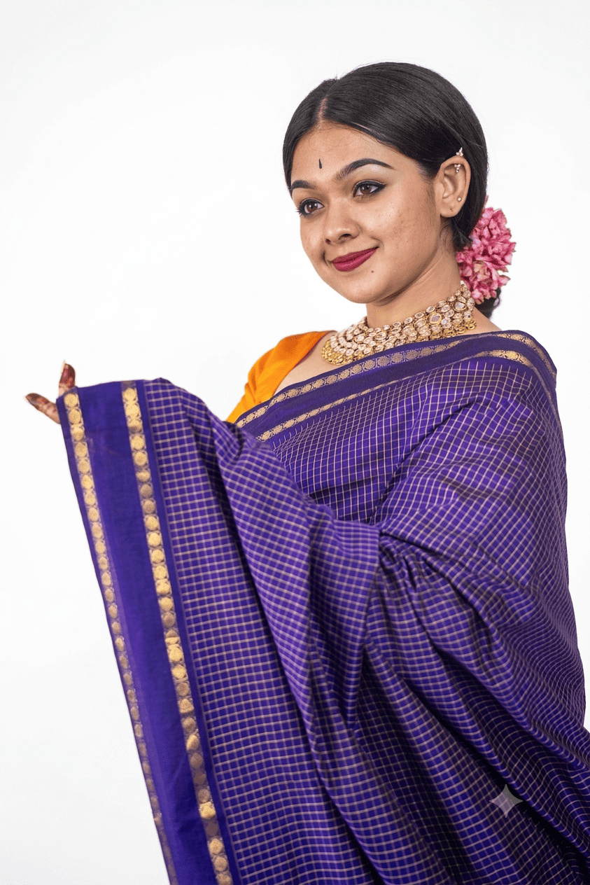 Elegant Violet Kalyani Silk Cotton Saree with All-Over Checks & Repeated Zari Border