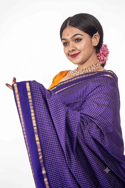 Elegant Violet Kalyani Silk Cotton Saree with All-Over Checks & Repeated Zari Border