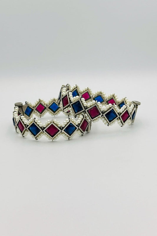 Silver Bangles with Beautiful Rani Pink and Blue Marquise Stones and Pearls - swadeshsouq.com