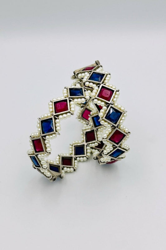 Silver Bangles with Beautiful Rani Pink and Blue Marquise Stones and Pearls - swadeshsouq.com