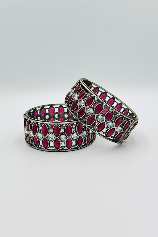 Silver Bangles with Deep Pink Teardrop Stones and Sparkling Accents - swadeshsouq.com