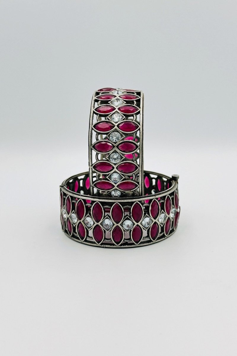 Silver Bangles with Deep Pink Teardrop Stones and Sparkling Accents - swadeshsouq.com