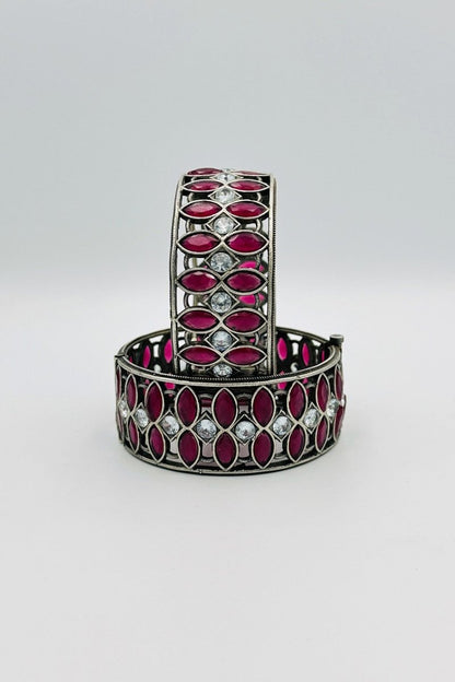 Silver Bangles with Deep Pink Teardrop Stones and Sparkling Accents - swadeshsouq.com