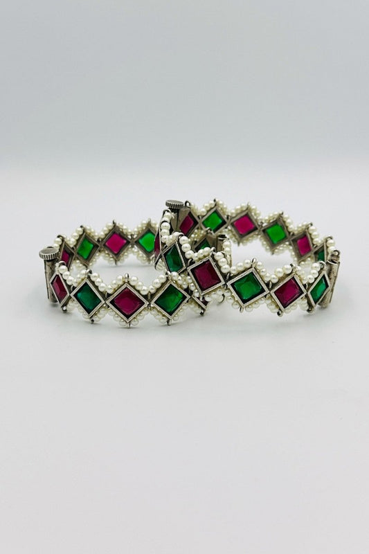 Silver Bangles with Enchanting Green and Red Marquise Stones and Pearls - swadeshsouq.com