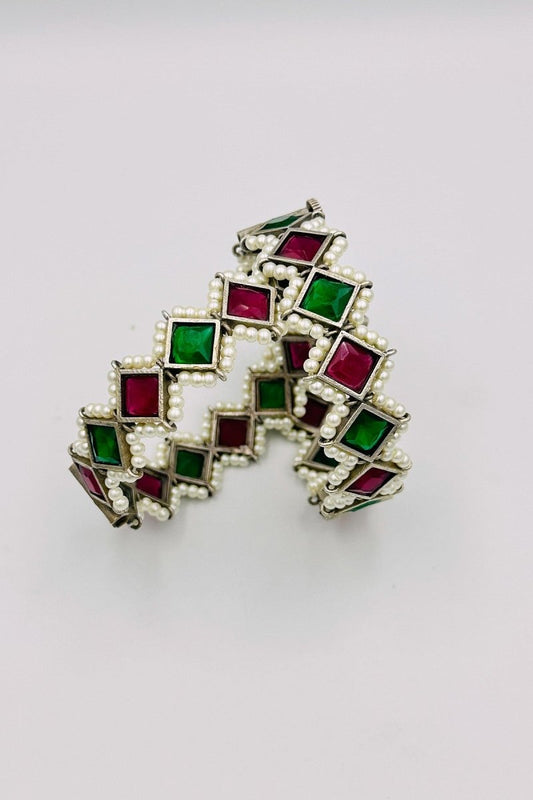 Silver Bangles with Enchanting Green and Red Marquise Stones and Pearls - swadeshsouq.com