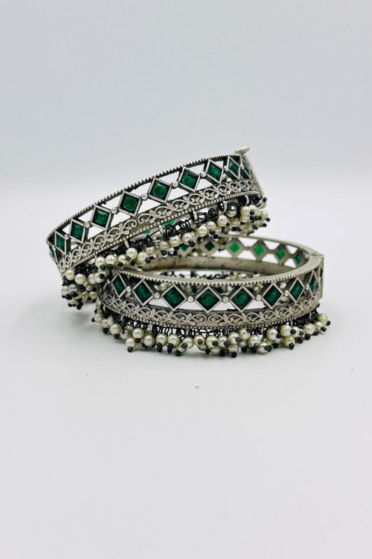 Silver Bangles with Green Crystal Stones and Pearls Description: - swadeshsouq.com