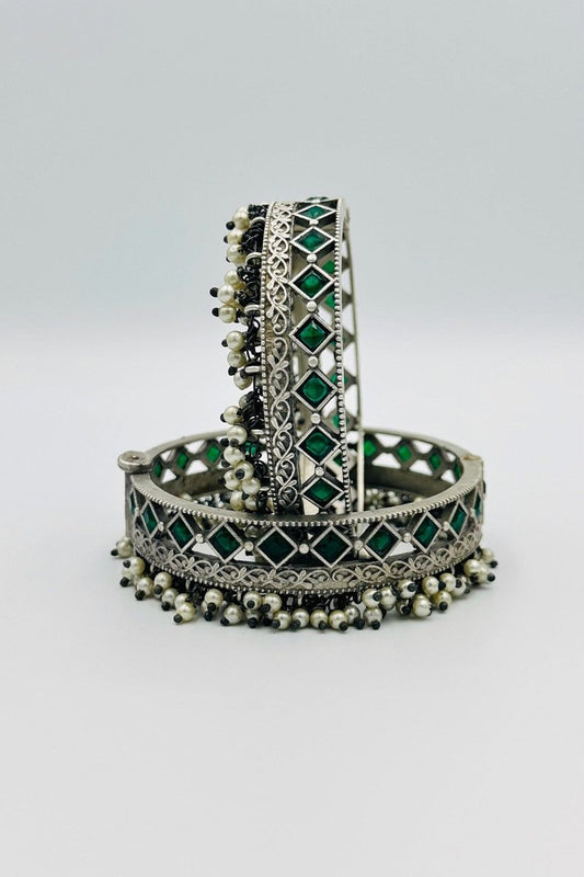 Silver Bangles with Green Crystal Stones and Pearls Description: - swadeshsouq.com