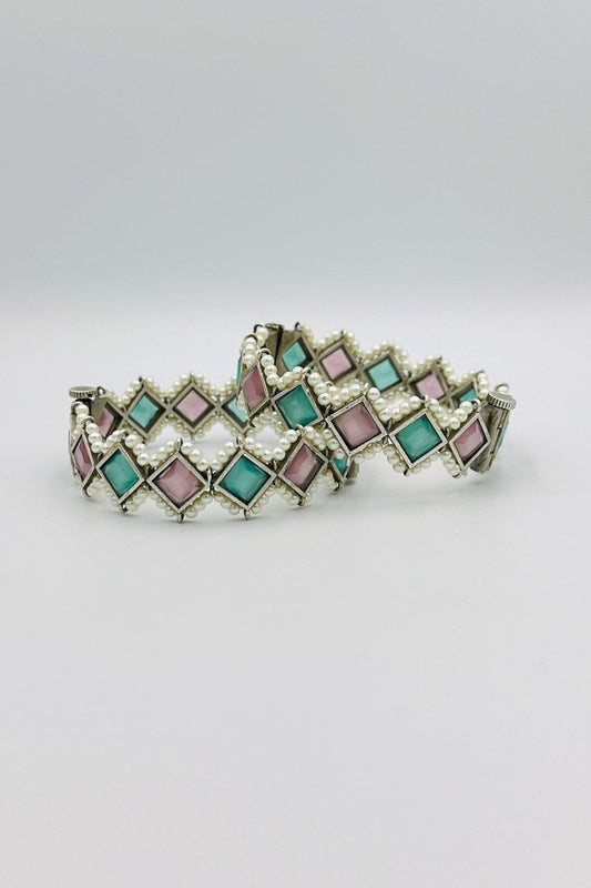 Silver Bangles with Pastel Pink and Turquoise Marquise Stones and Pearls - swadeshsouq.com