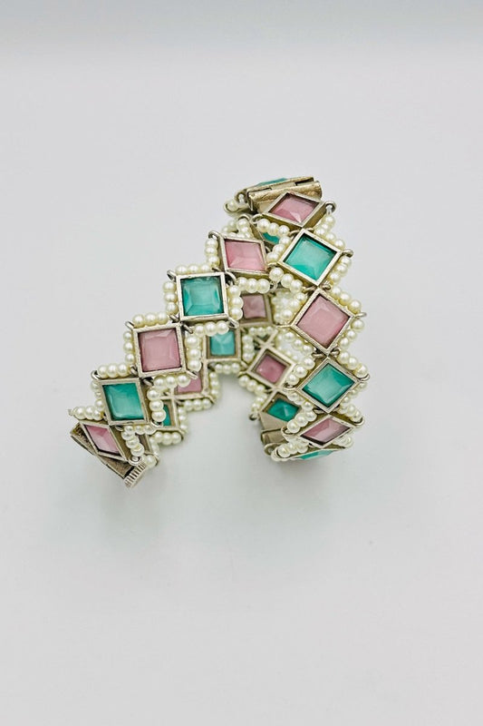 Silver Bangles with Pastel Pink and Turquoise Marquise Stones and Pearls - swadeshsouq.com